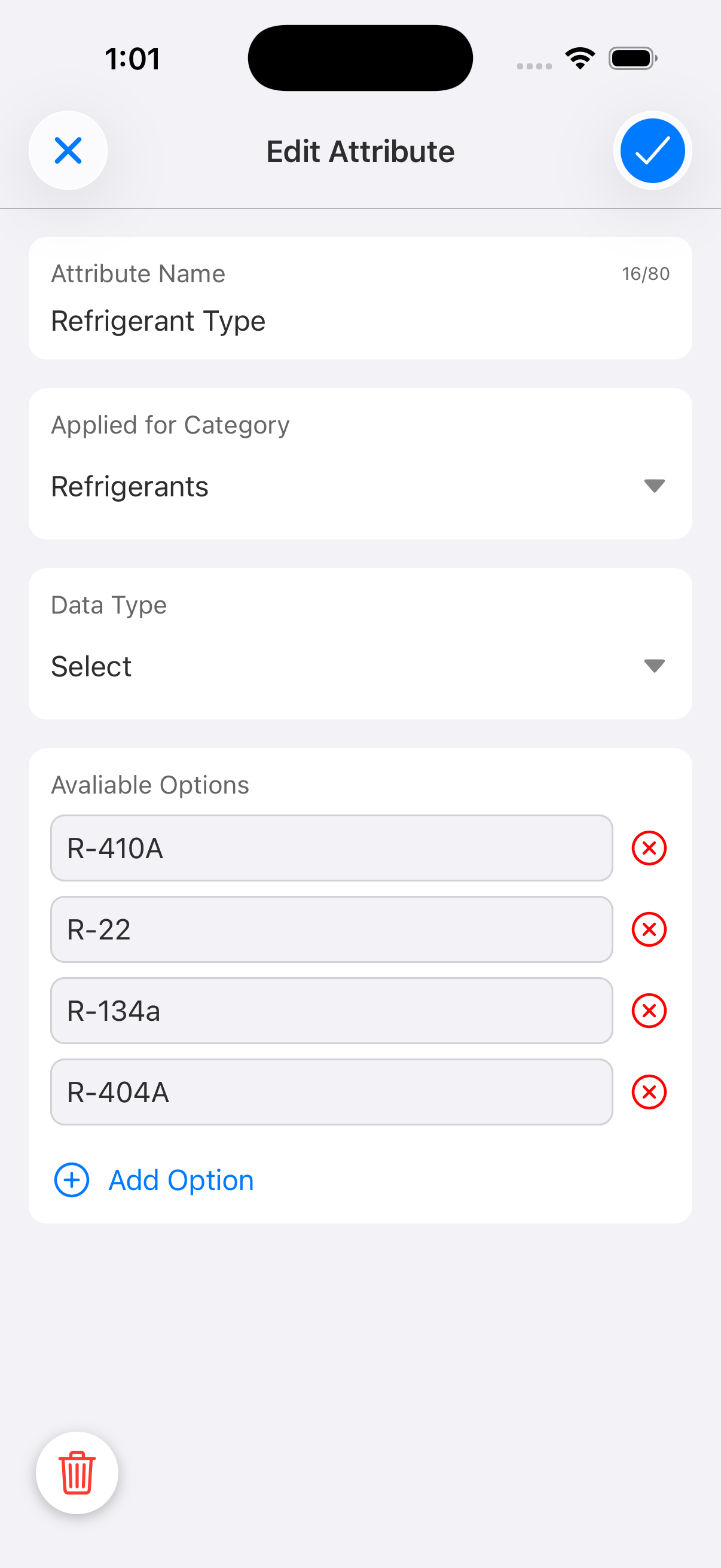 Custom Attributes Screen